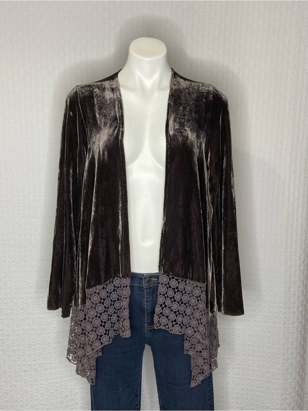 JOHNNY WAS 4 LOVE AND LIBERTY Velvet Coverup Kimono Cardigan Lace Taupe Small